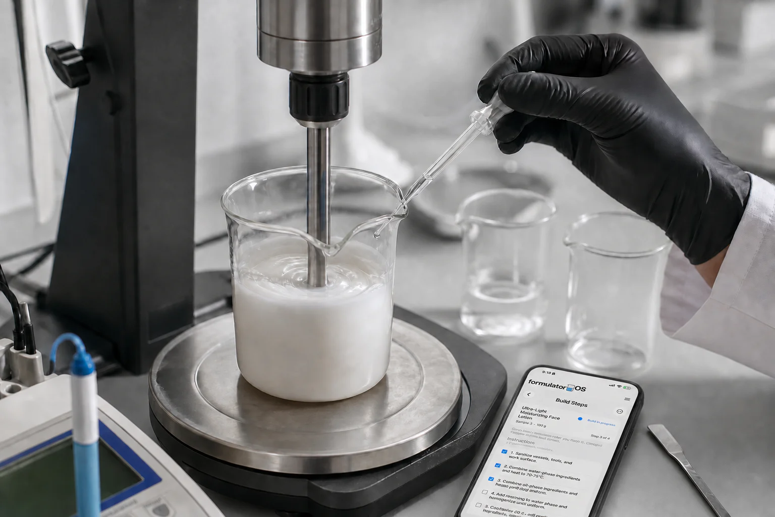 Illustrative close-up of a clear pH adjustment being added to a cosmetic emulsion with formulator OS Build Steps open on a nearby phone.